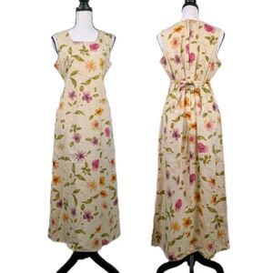 Vtg 90s Maxi Dress Linen M Earthy Floral Romantic Boho Cottagecore Prairie 2949